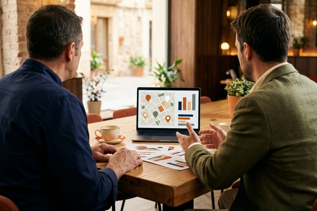 Propietario de un restaurante y un consultor revisan en un portátil el mapa y las métricas del local durante una reunión