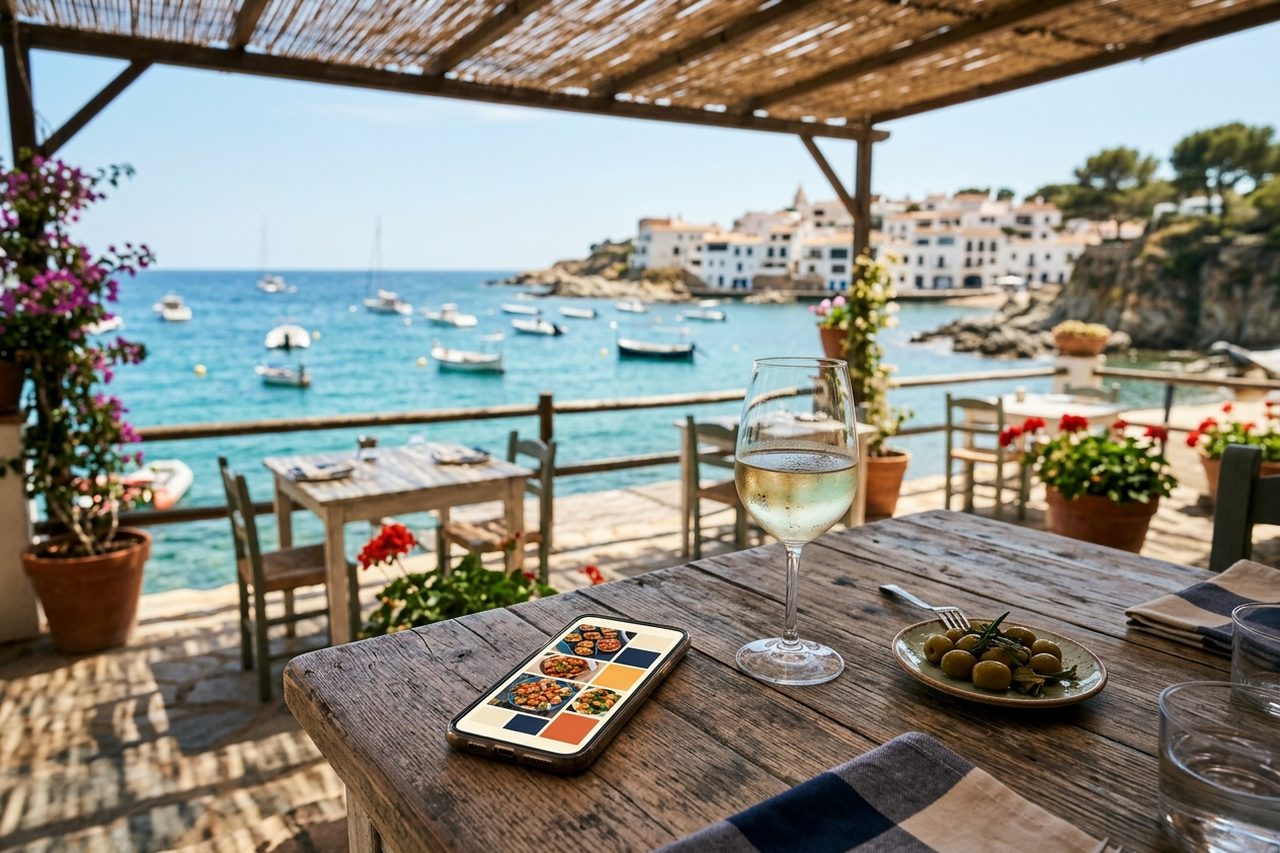 Móvil con la carta digital de un restaurante sobre una mesa de terraza frente al mar
