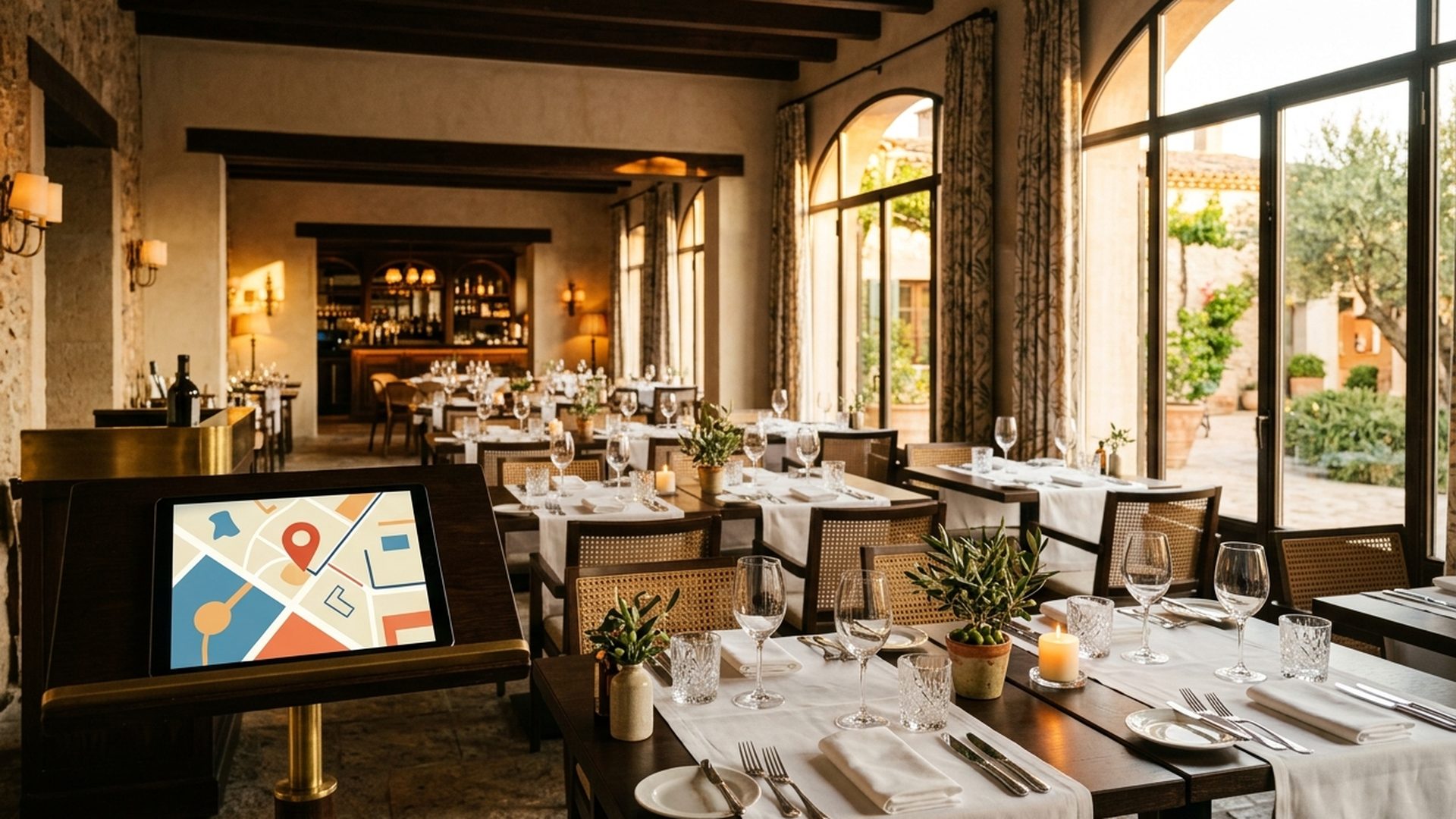 Sala de un restaurante preparada para el servicio, con la ficha de Google Maps del local abierta en una tableta en el atril de entrada