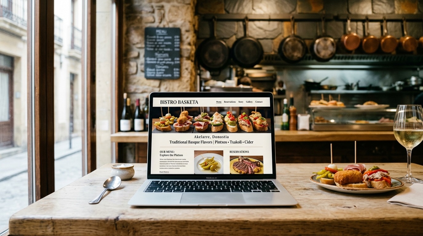 Laptop con web de bistro bilbaino con pintxos al fondo