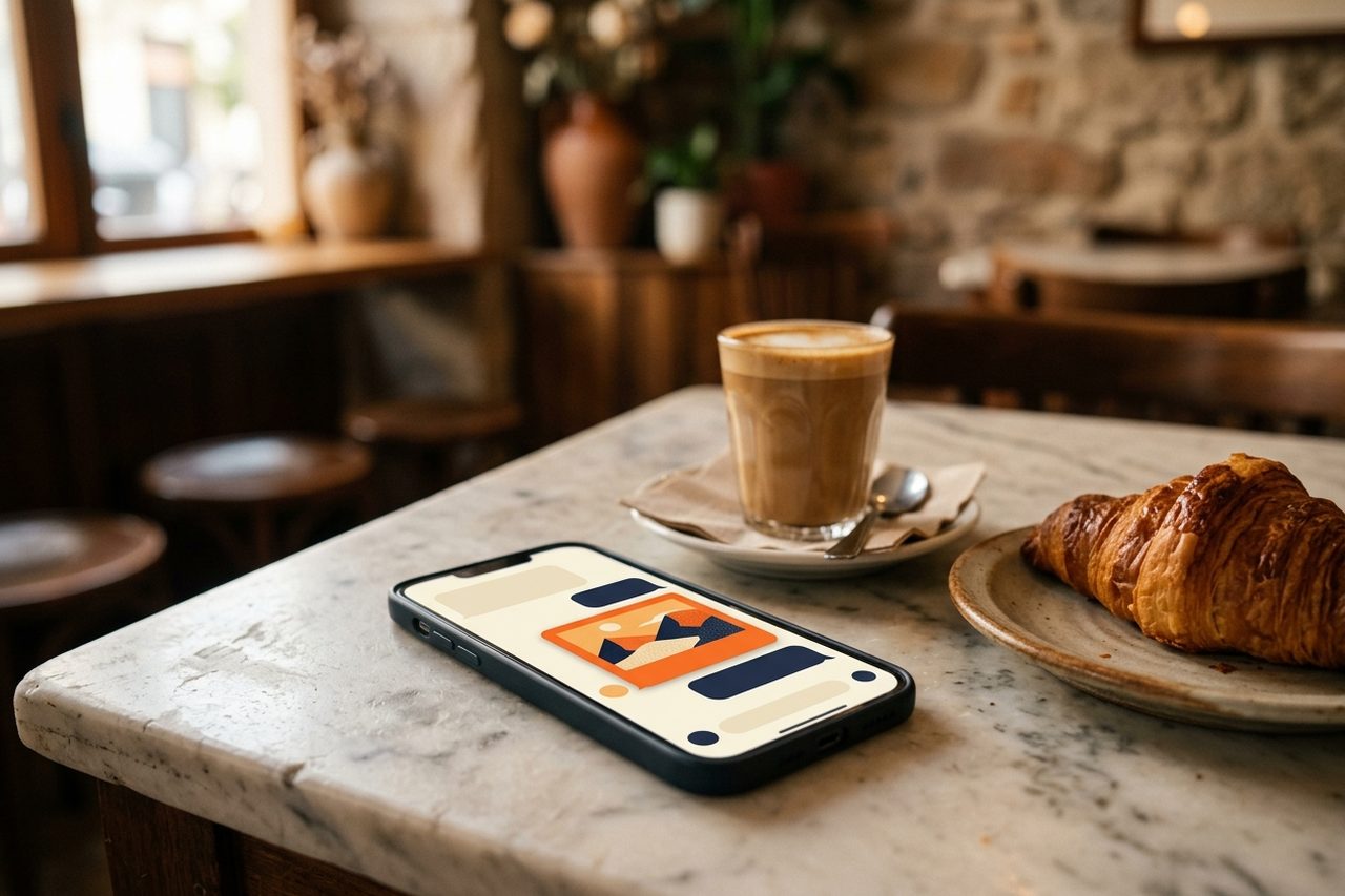 Móvil apoyado en la mesa de mármol de una cafetería, junto a un cortado, con una tarjeta de anuncio destacada bajo la conversación