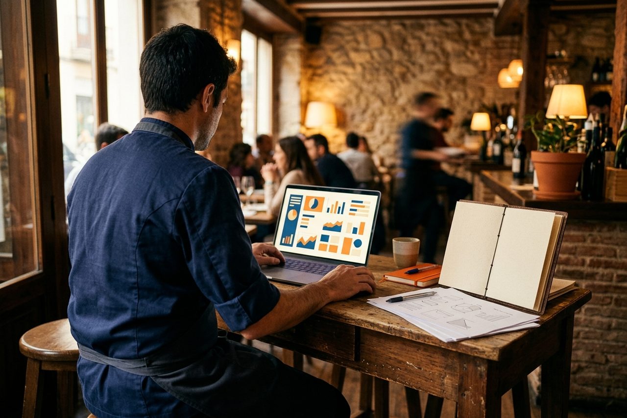 Dueño de un restaurante, de espaldas, configurando una campaña publicitaria en un portátil con gráficos en pantalla