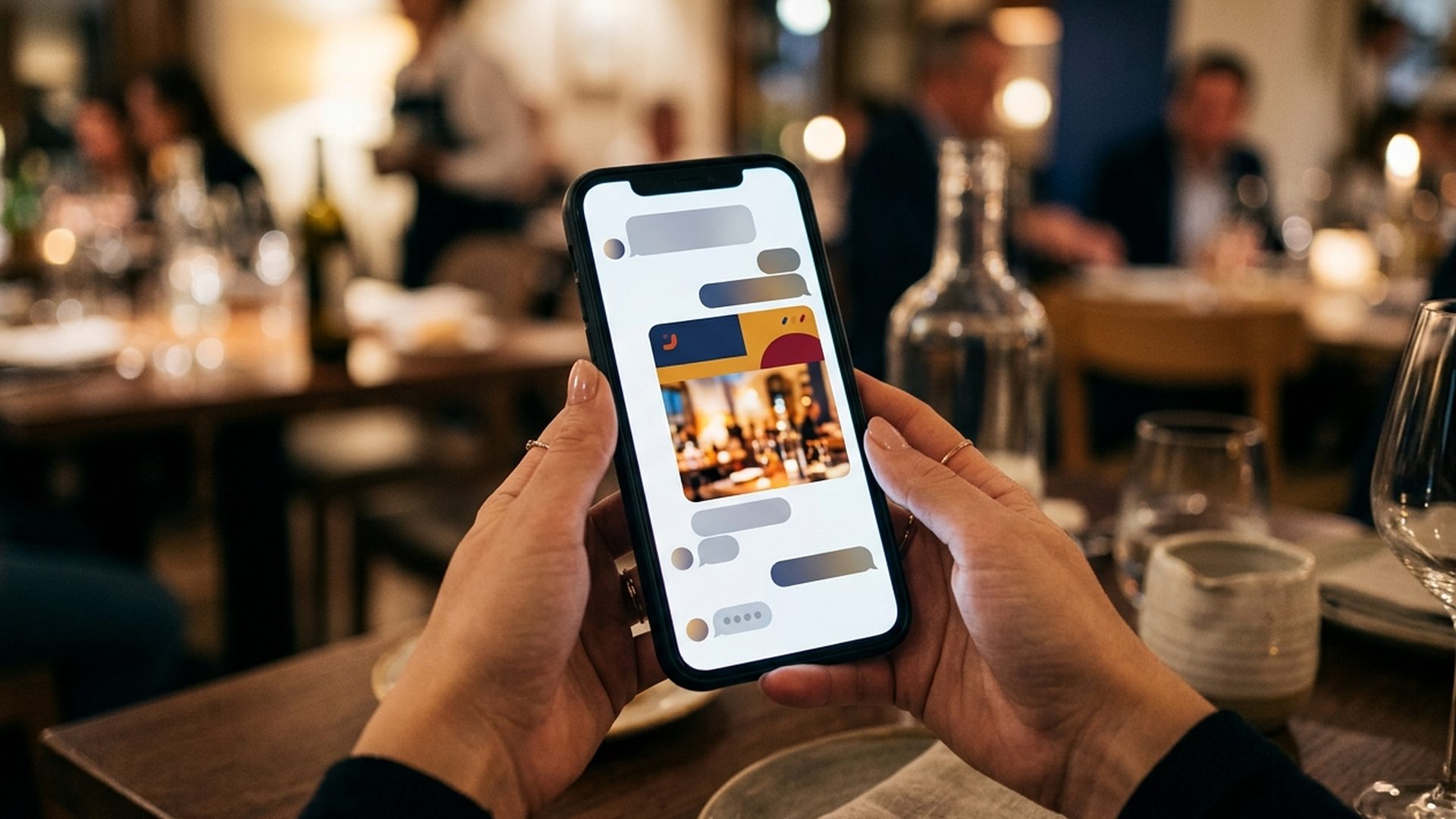 Manos sosteniendo un móvil sobre la mesa de un restaurante: en la pantalla, una respuesta de chat seguida de una tarjeta patrocinada