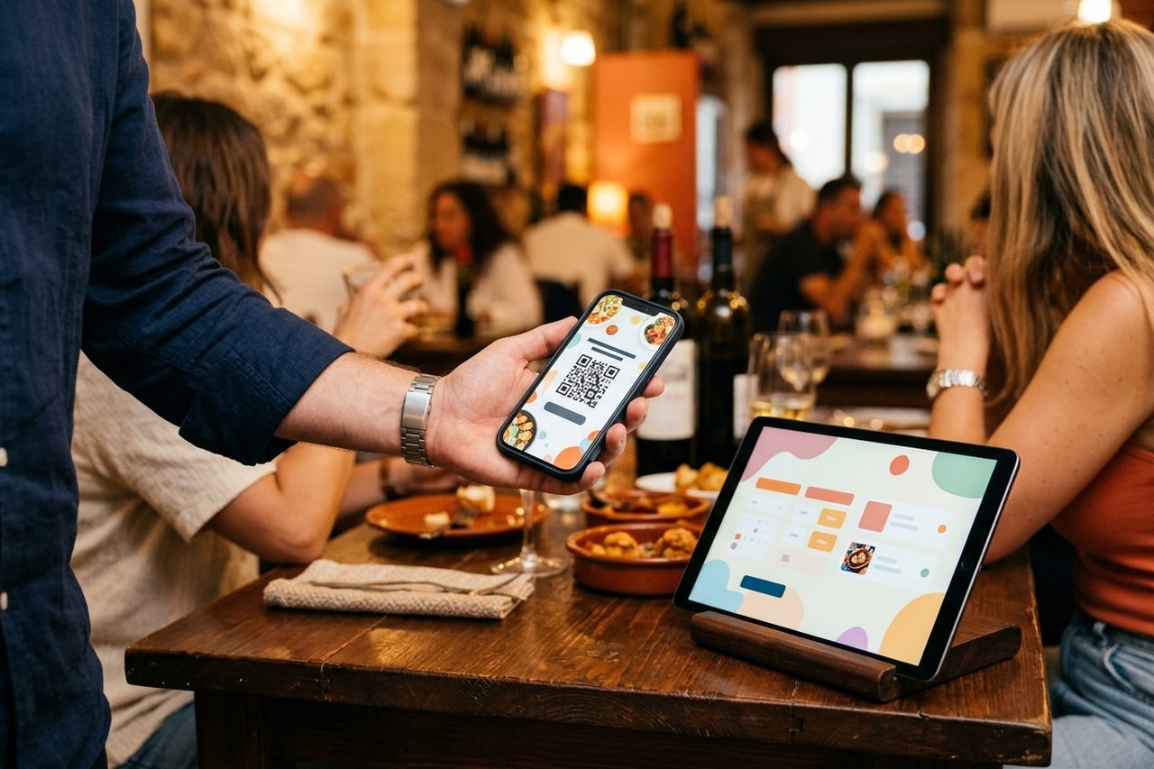 Mesa de restaurante con un camarero entregando un móvil con la carta digital QR visible, junto a una tablet con la web del restaurante abierta en la página de reservas