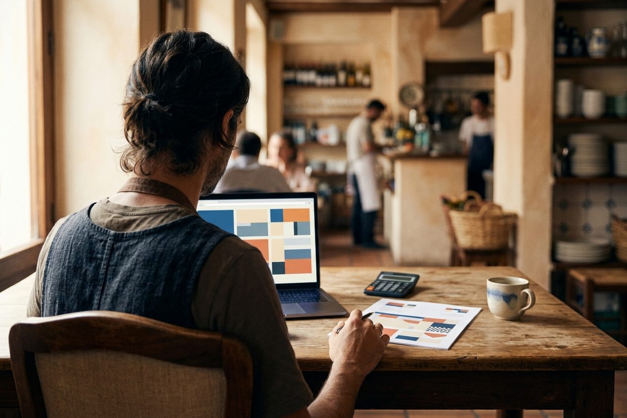 Dueño de restaurante revisando el presupuesto de su nueva página web en un portátil, con una calculadora y facturas sobre la mesa