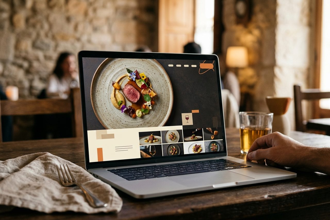 Home de un restaurante de alta cocina con fotografía de plato en primer plano y botón de reservas visible en la esquina superior derecha