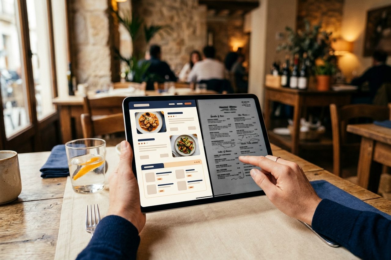 Comparativa de dos webs de restaurante en pantalla dividida: una con carta HTML accesible y botón de reservas visible, otra con carta en PDF escaneado y sin datos de contacto