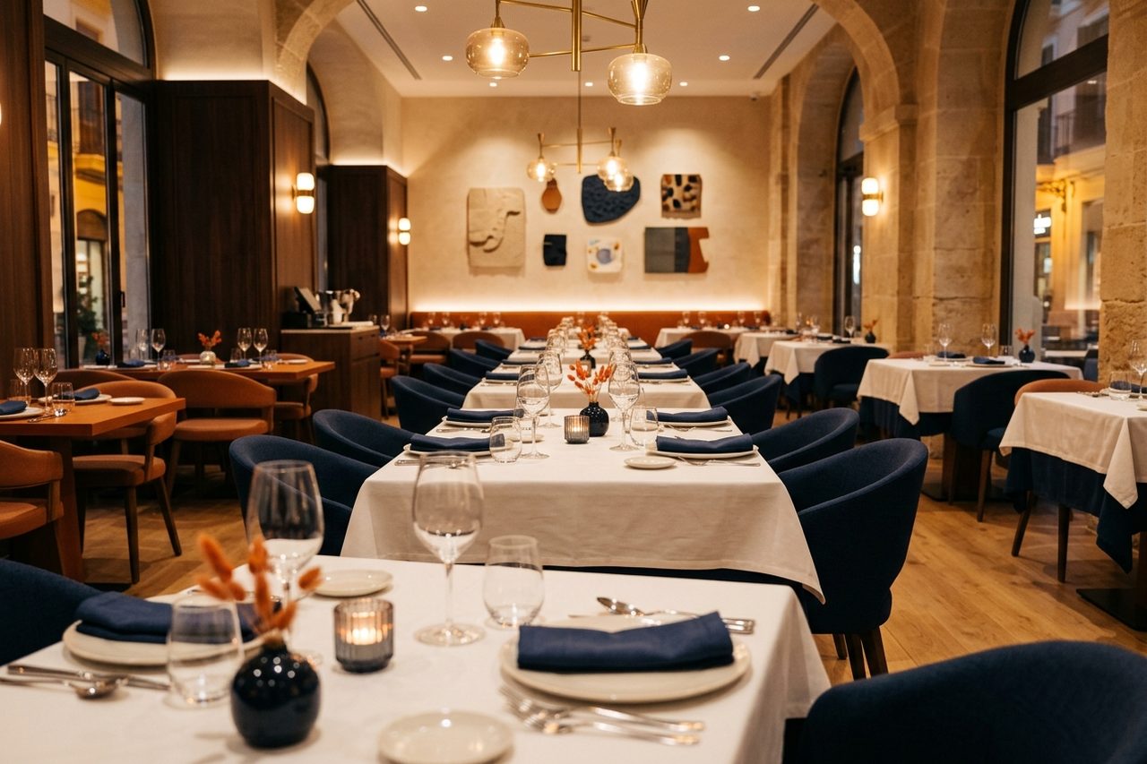 Salón de un restaurante elegante en España con mesas vestidas y luz cálida, representando los distintos estilos de web analizados en la guía
