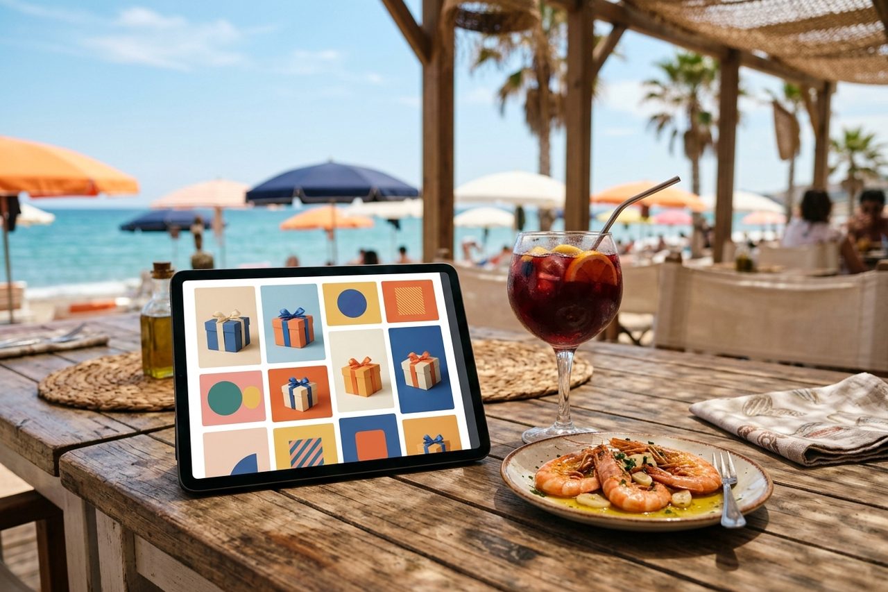Tableta en la terraza de un chiringuito con la tienda online de bonos regalo abierta