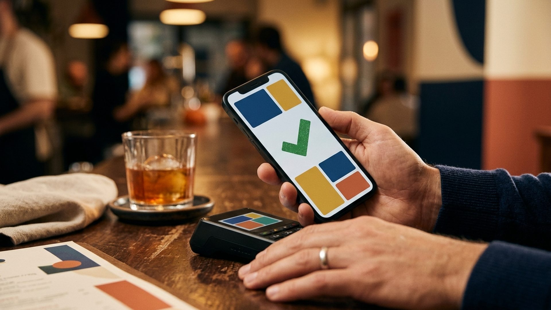Cliente pagando con el móvil en la barra de un restaurante, con la confirmación del cobro en pantalla y el datáfono al lado