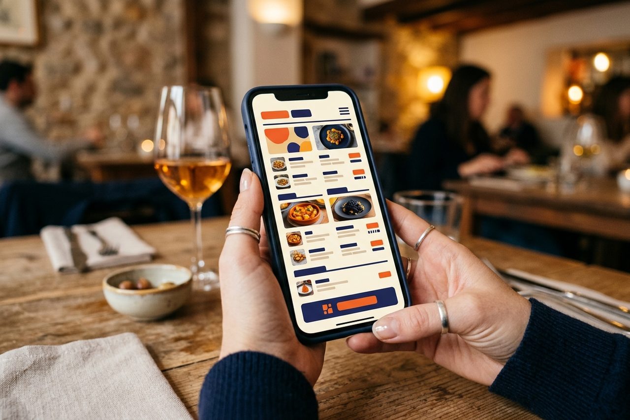 Carta digital de un restaurante vista en un móvil, con platos organizados por categorías, precios visibles y un botón de reservar fijo en la parte inferior de la pantalla