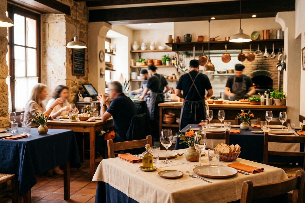 Interior de un restaurante acogedor con luz natural, mesas vestidas y un equipo de cocina visible al fondo, transmitiendo cercanía y oficio