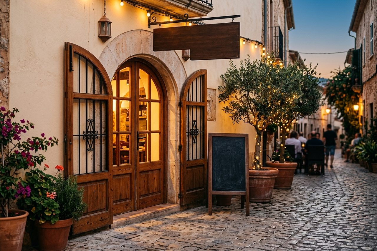 Fachada iluminada de un restaurante acogedor en España al atardecer, con el rótulo de horario y dirección visible junto a la entrada