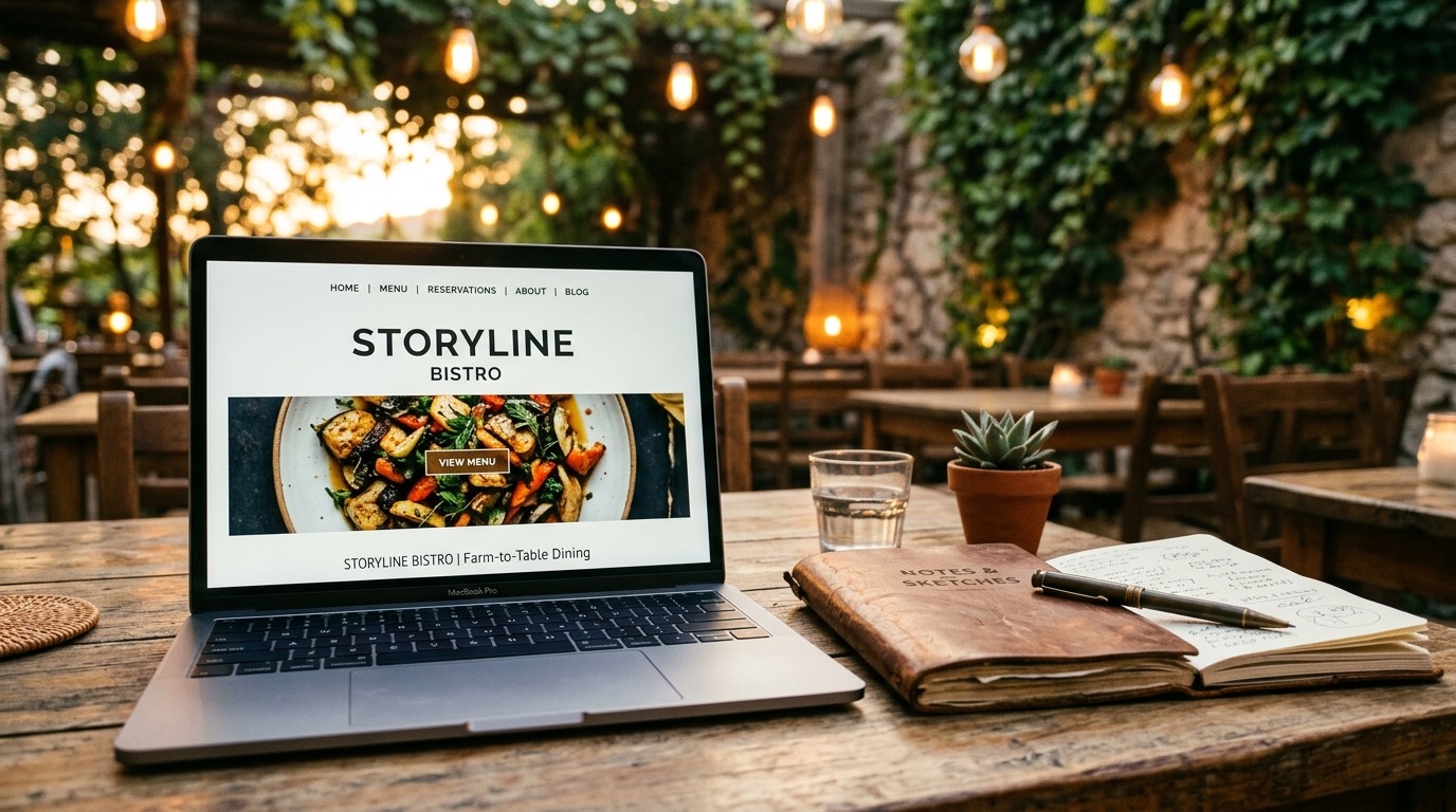 A laptop on a restaurant terrace at dusk, with the venue’s website open