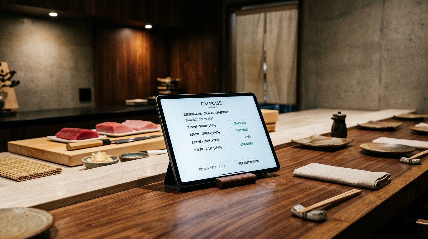 An open reservations book on a restaurant bar, next to a tablet with the table plan