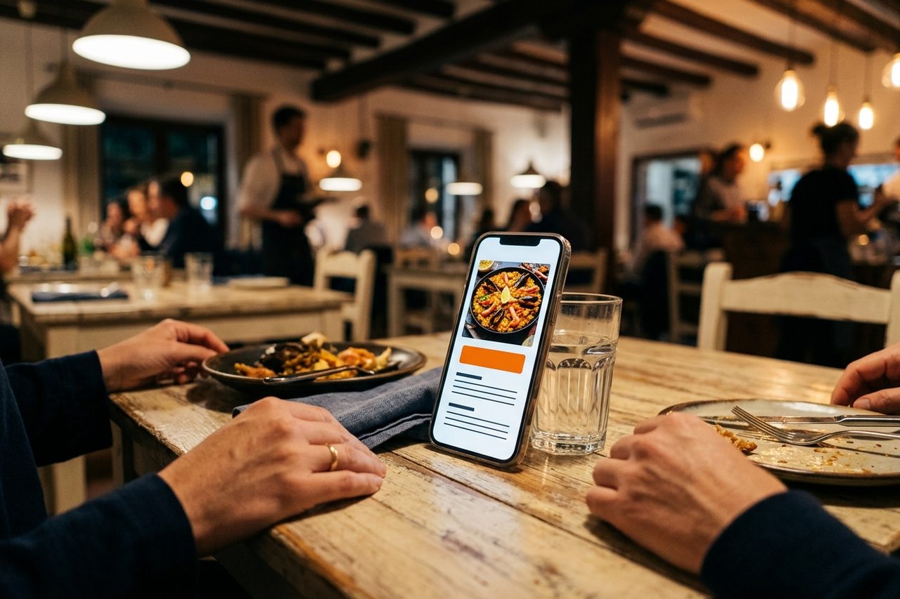 Móvil apoyado en un vaso sobre la mesa de un restaurante con la web del local abierta: foto del plato, botón de reservar y la carta, con la sala llena al fondo