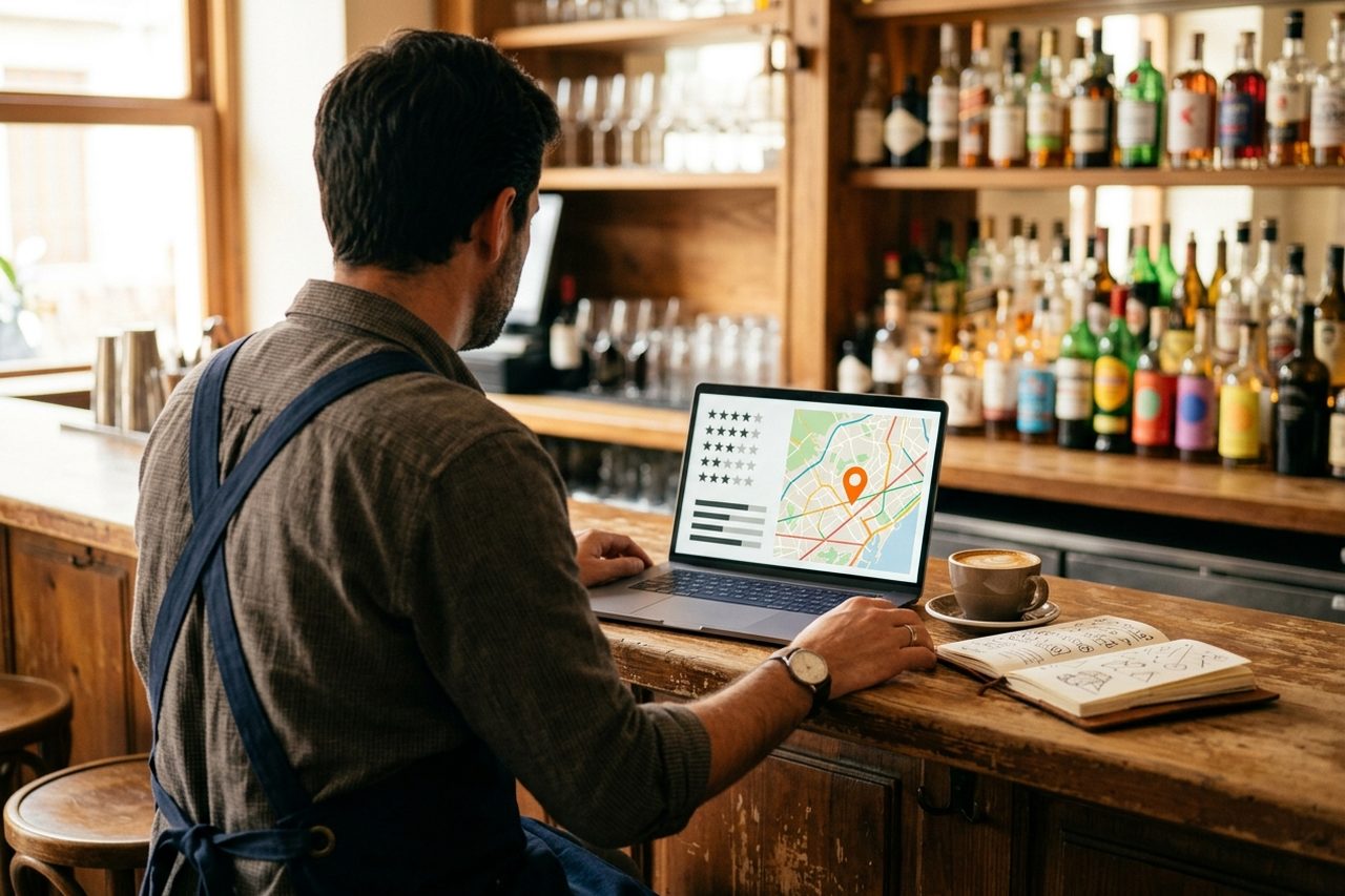 Dueño de un restaurante de espaldas en la barra, por la mañana, revisando en el portátil el mapa de Google con el pin de su local y las reseñas
