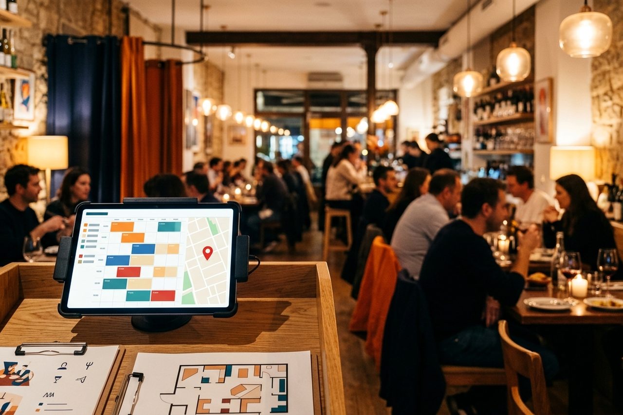 Sala de un restaurante llena a la hora de la cena vista desde el atril de recepción, con una tablet que muestra el planning de reservas y el mapa del local