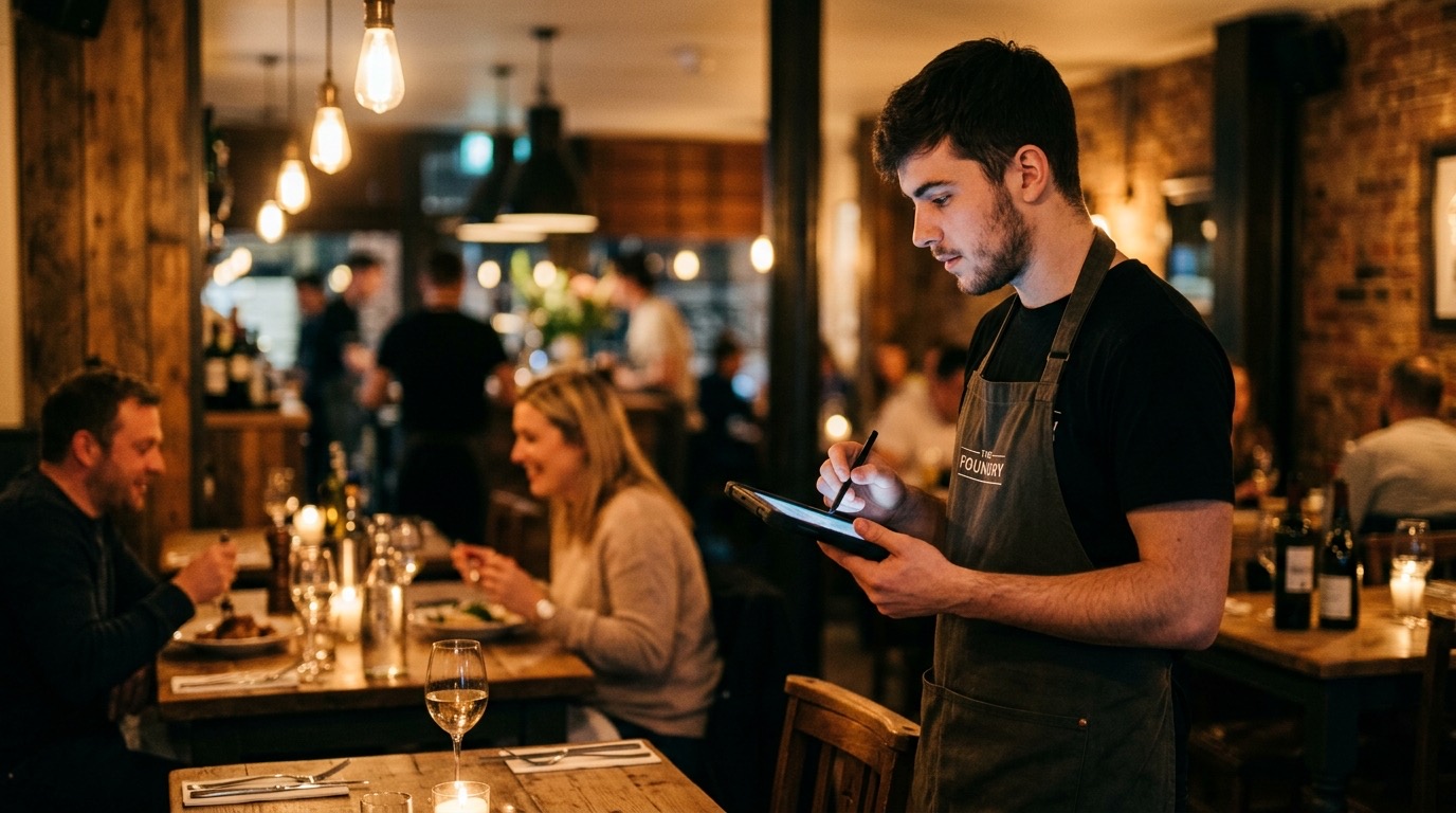 Camarero con tablet en gastrobar de Barcelona durante servicio de cena