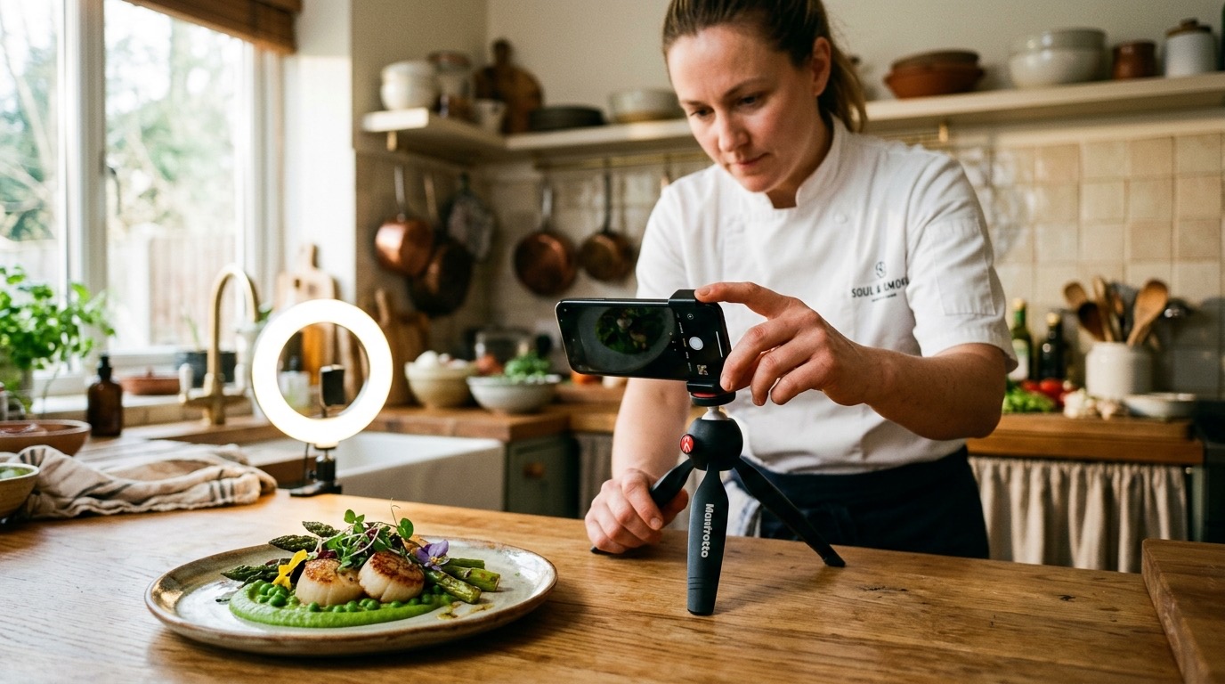 Chef grabando contenido de cocina con smartphone en tripode y ring light en cocina personal