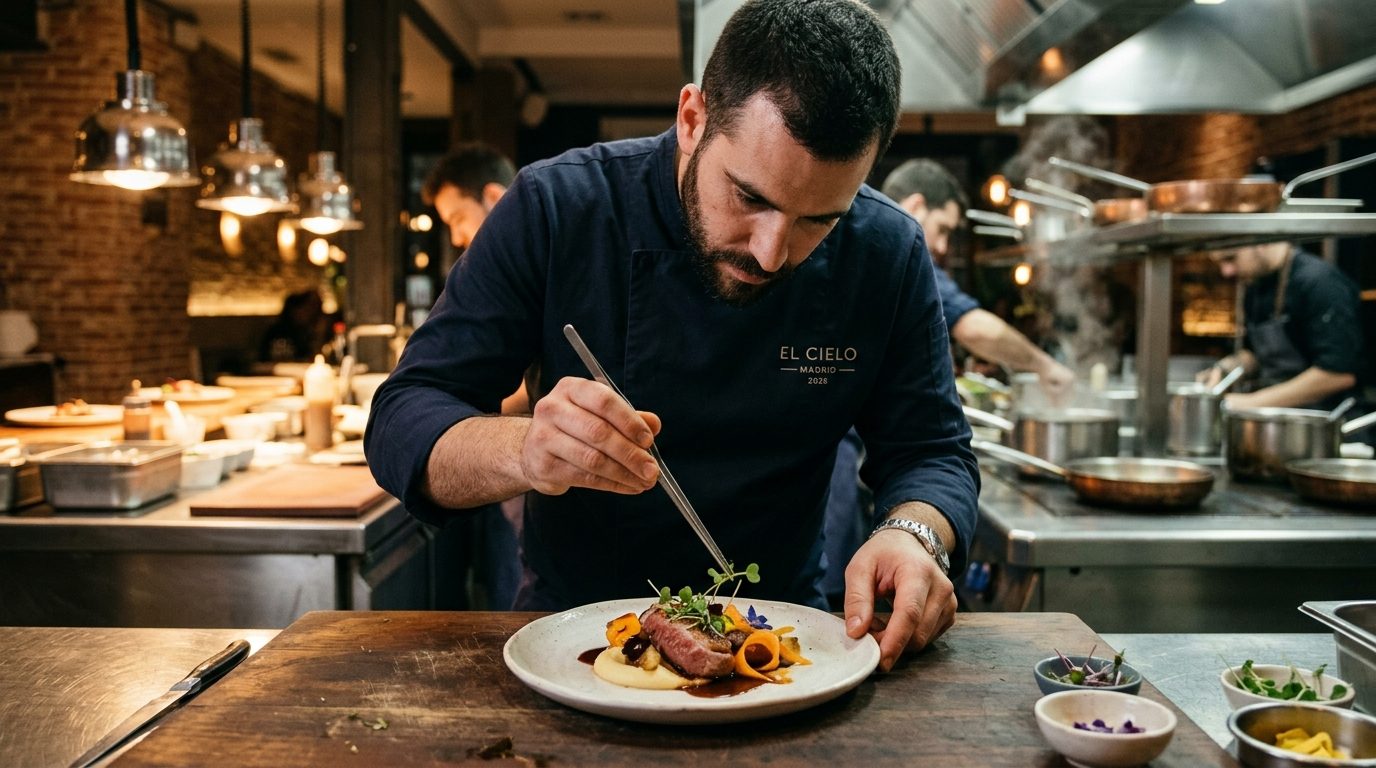 Chef emplatando un plato de autor en restaurante moderno de Madrid