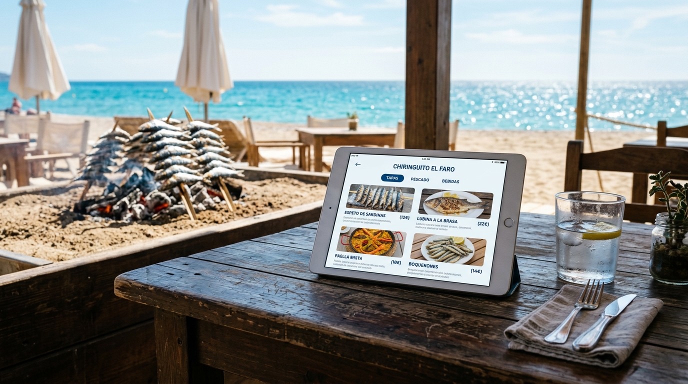 Tablet con carta digital en chiringuito malagueno con espetos y mar