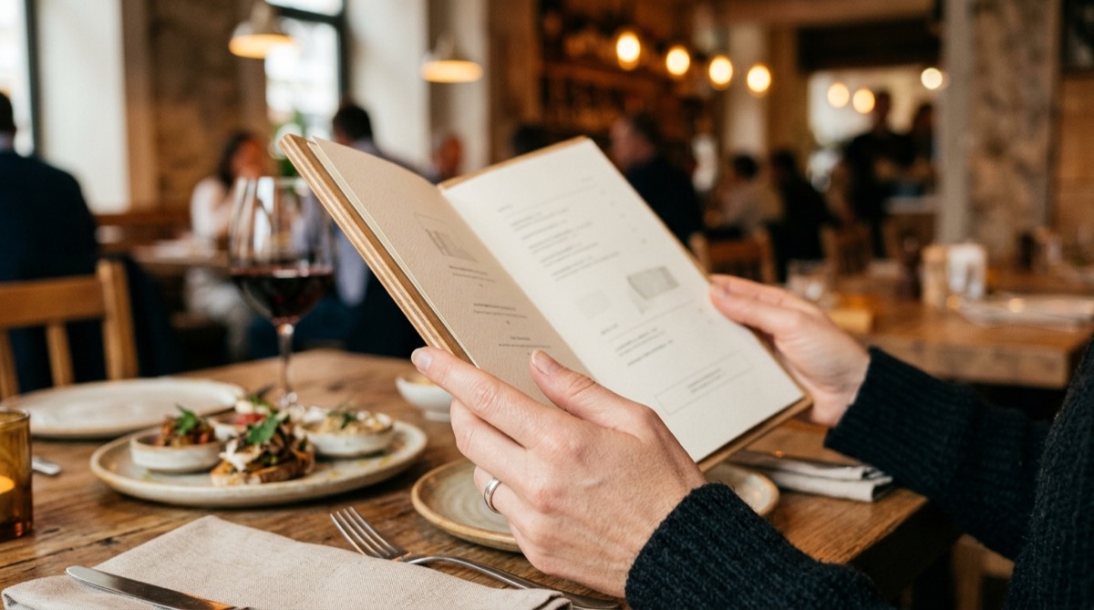 Comensal leyendo la carta de un restaurante — la redaccion del menu decide lo que se pide