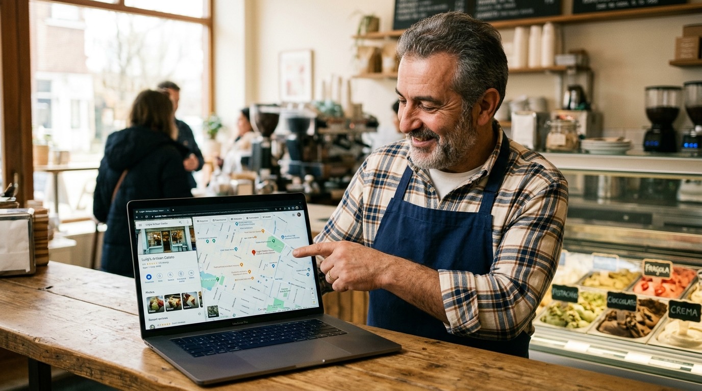 Dueno de negocio senalando su ficha Google Maps en laptop