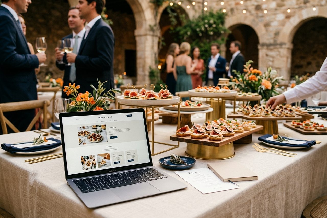 Catering elegante con laptop mostrando web de cotización y reservas