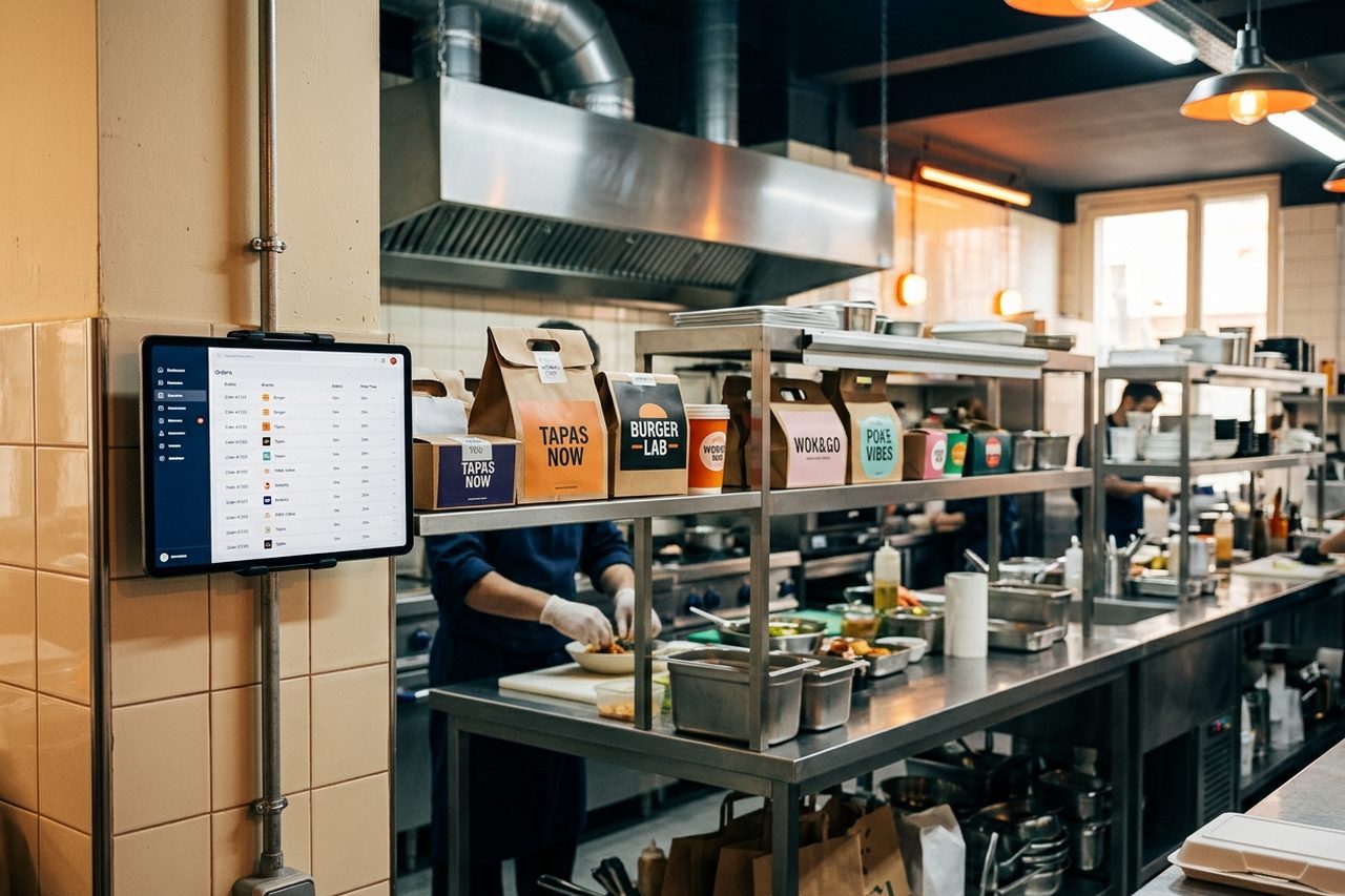 Dark kitchen con tablet gestionando múltiples marcas virtuales
