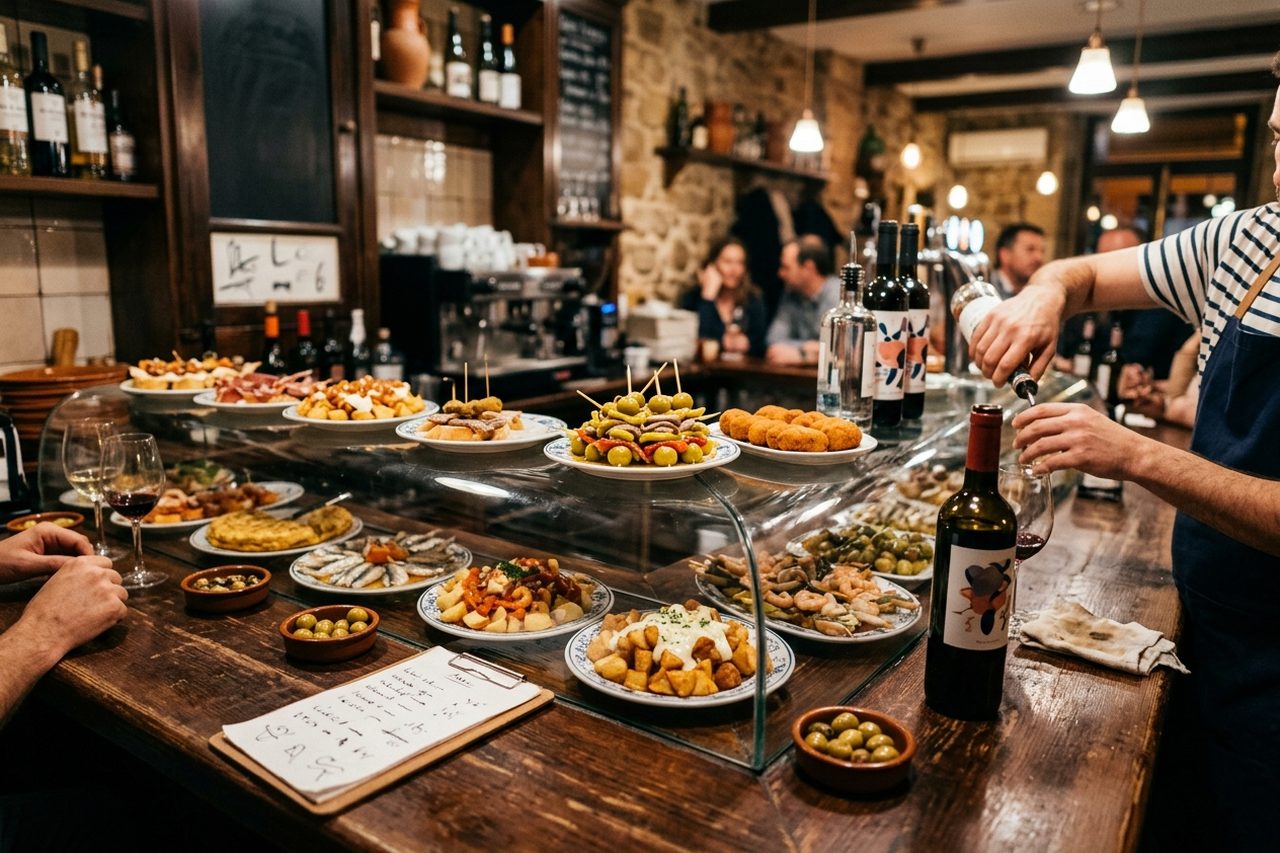 Barra de un bar de tapas: camarero sirviendo vino junto a los pintxos, con la carta a la vista