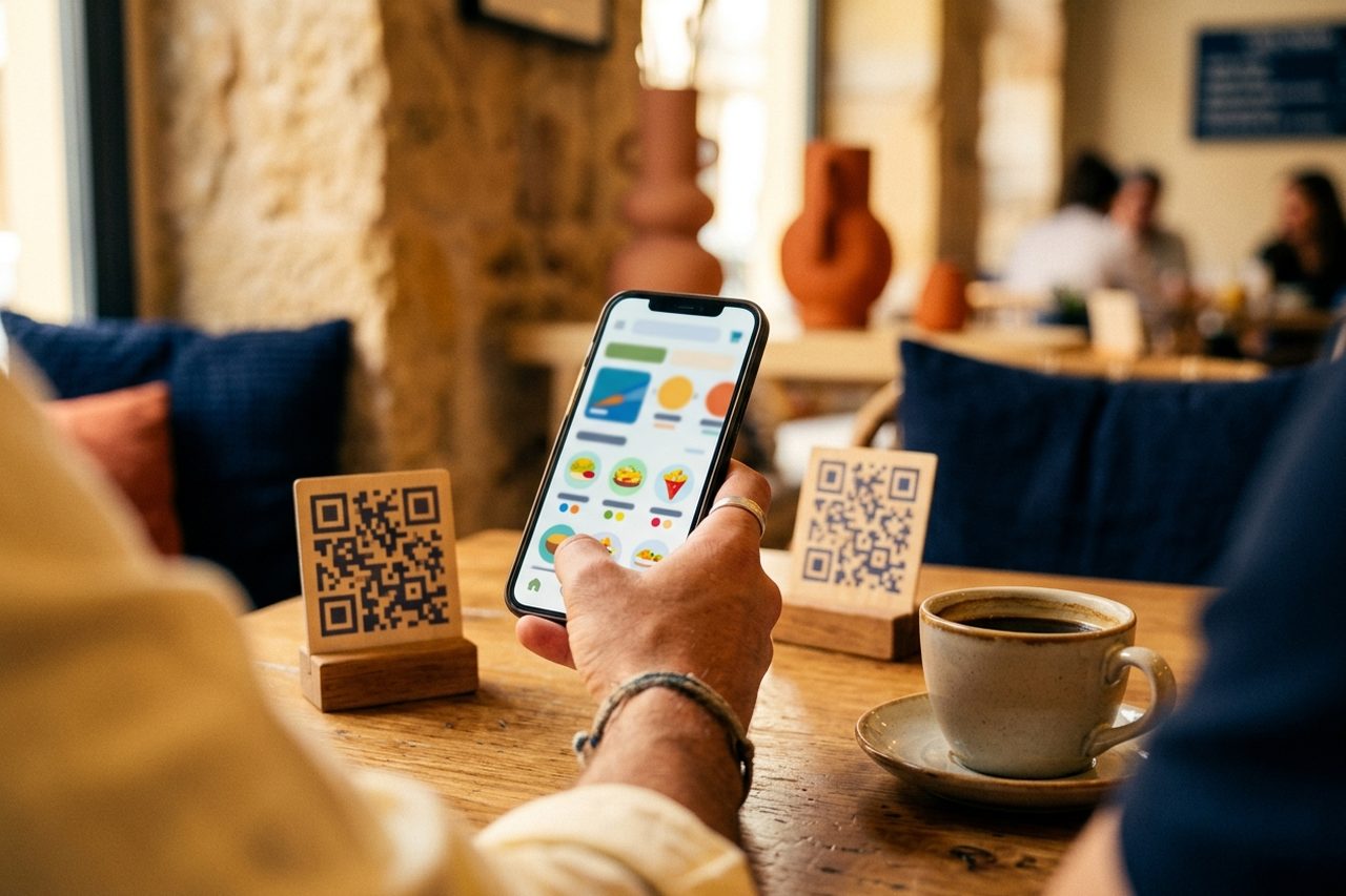Mano escaneando el código QR de la carta digital en la mesa de una cafetería