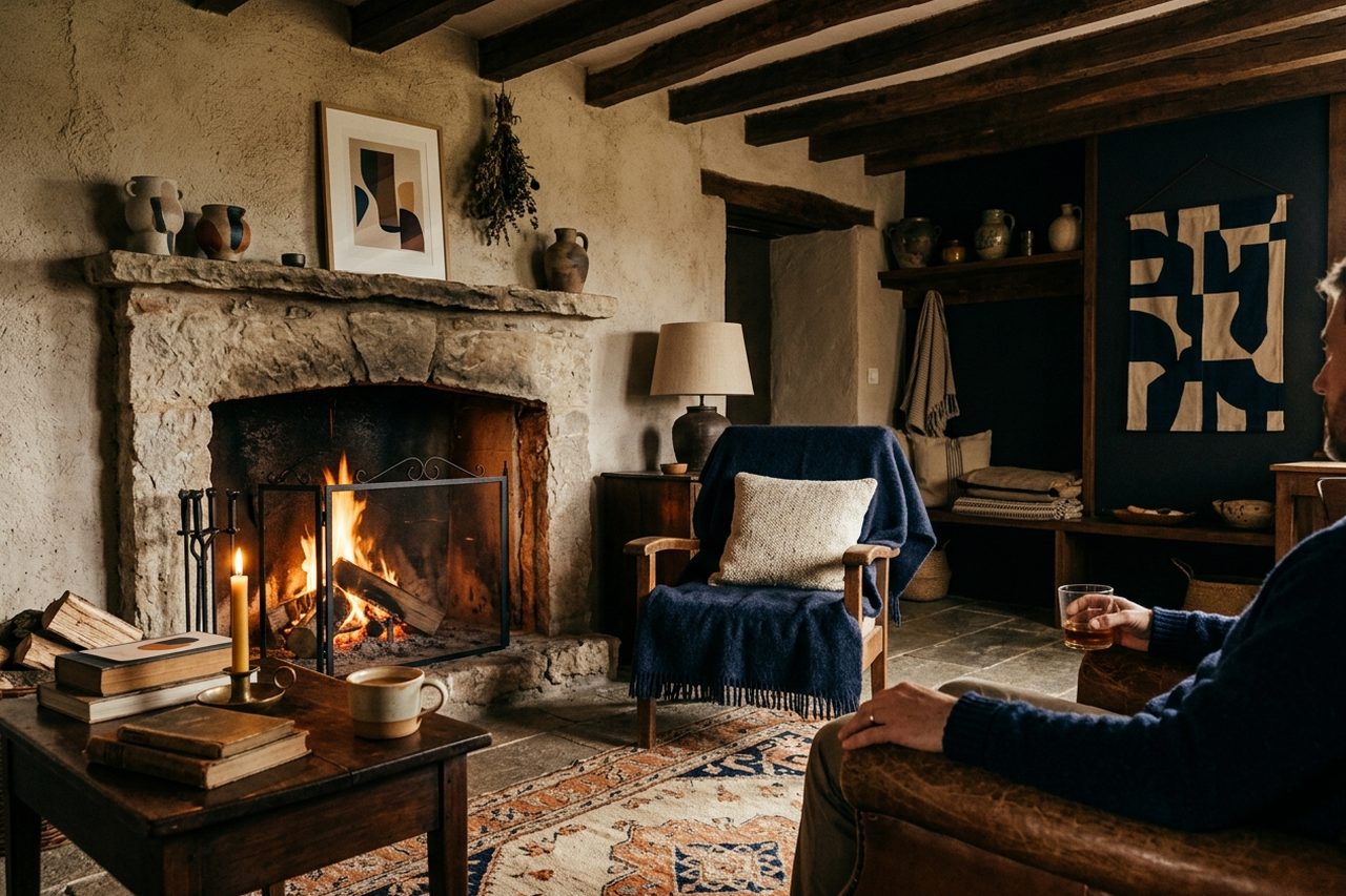 Salón de una casa rural con la chimenea encendida y una copa de vino