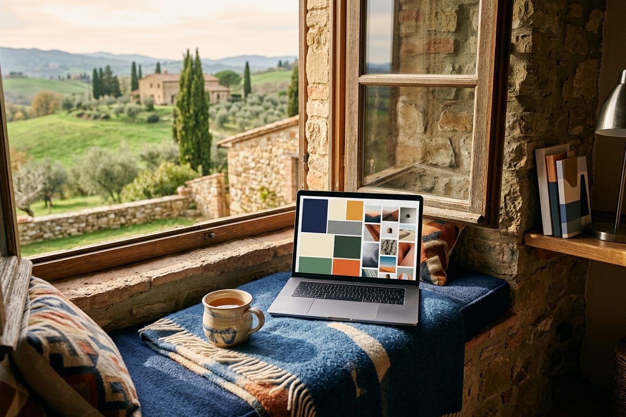 Portátil en el asiento de una ventana de casa rural con vistas a colinas y cipreses