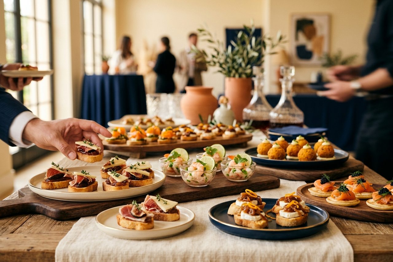 Mesa de canapés en un evento, con las manos del equipo sirviendo y los invitados al fondo