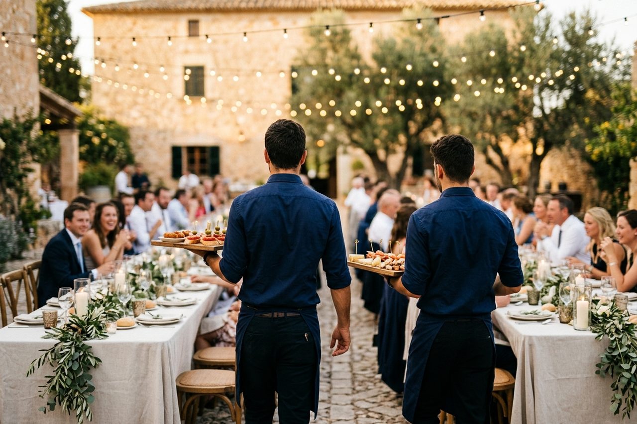 Dos camareros de catering llevando bandejas de canapés entre las mesas de una boda al aire libre