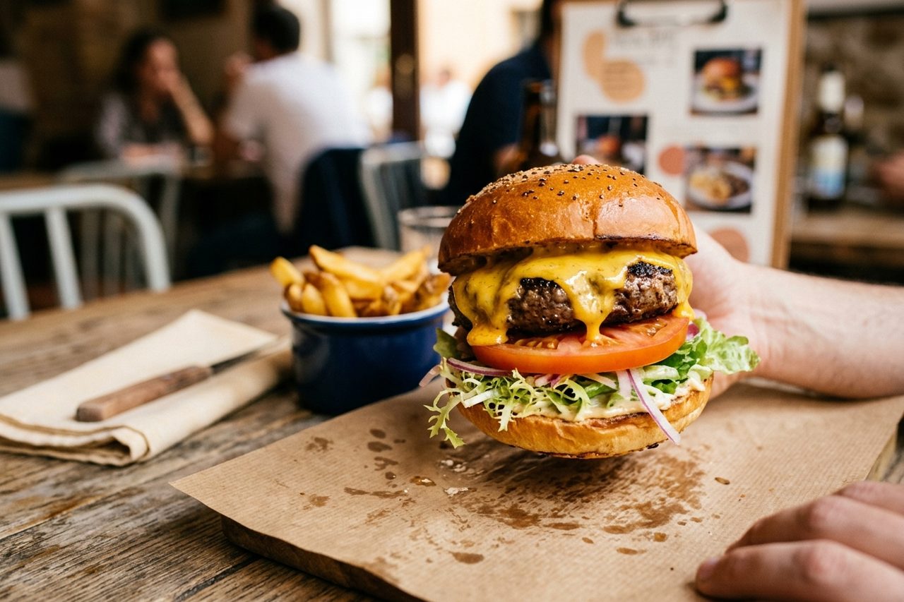 Mano sosteniendo una hamburguesa doble con queso ante el cartel de la carta