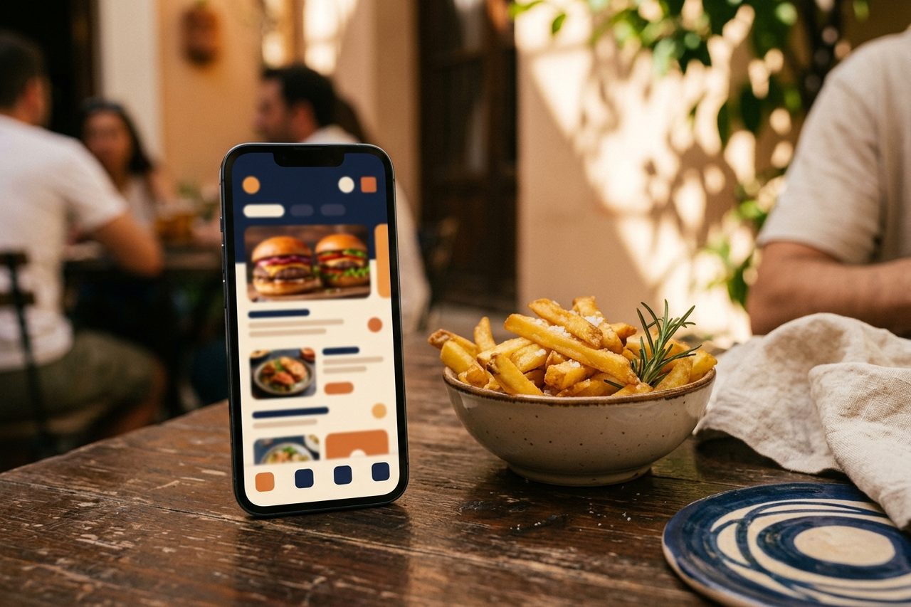 Móvil con la app de pedidos de una hamburguesería junto a un bol de patatas fritas en la terraza