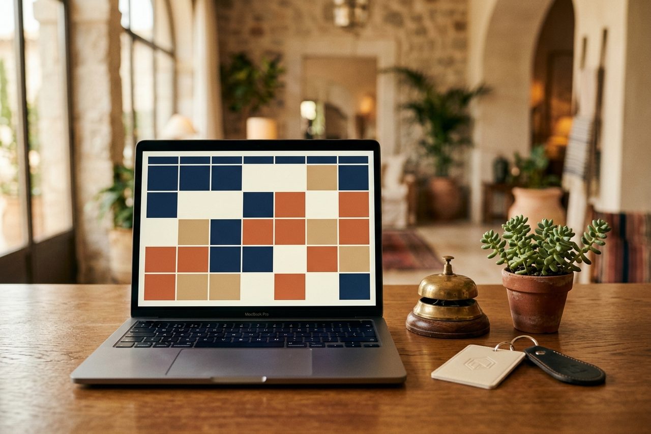 Portátil en la recepción de un hotel con un calendario de disponibilidad, junto al timbre y una tarjeta de habitación
