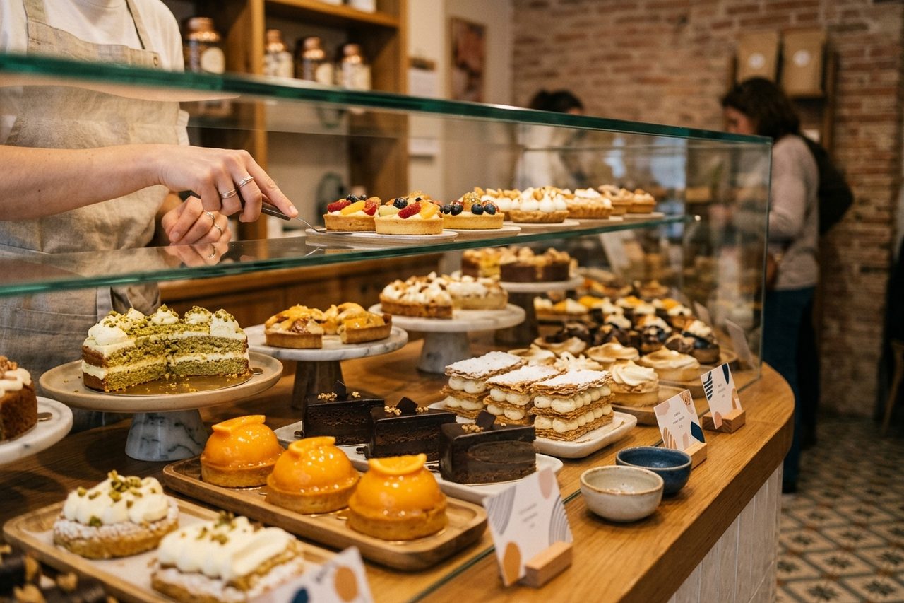 Vitrina de pastelería con tartas, una mano sirviendo con la pala y una clienta al fondo