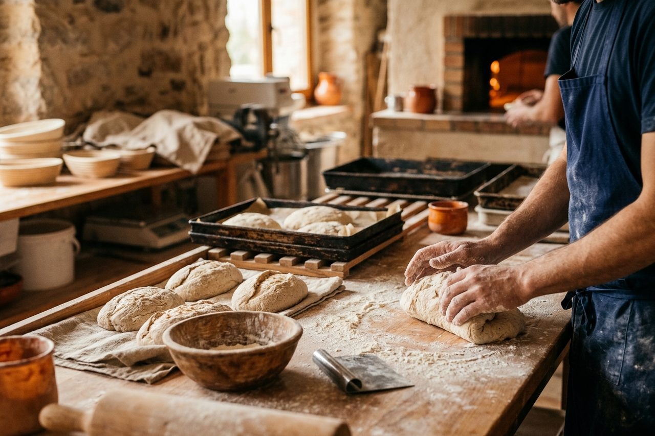 Panadero amasando junto al horno de leña de un obrador
