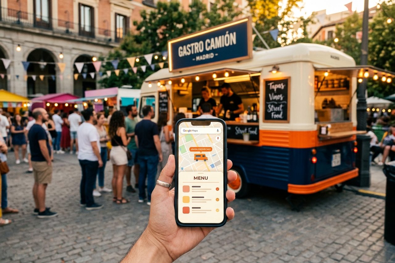 Food truck con smartphone mostrando Google Maps y ubicación en tiempo real