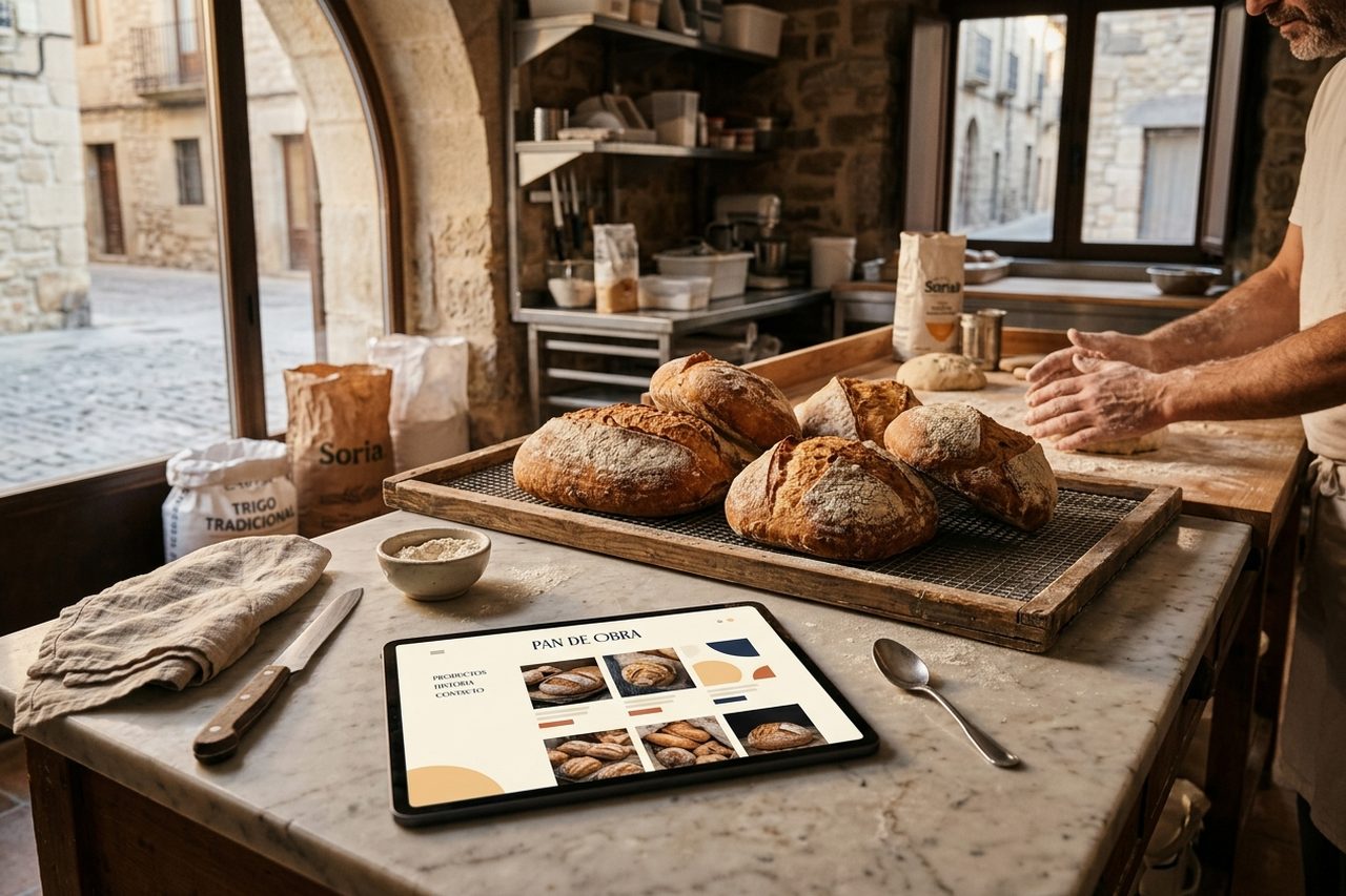 Obrador de panadería con tablet mostrando catálogo web