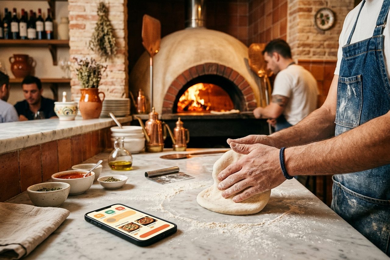 Pizzería artesanal con smartphone mostrando app de delivery