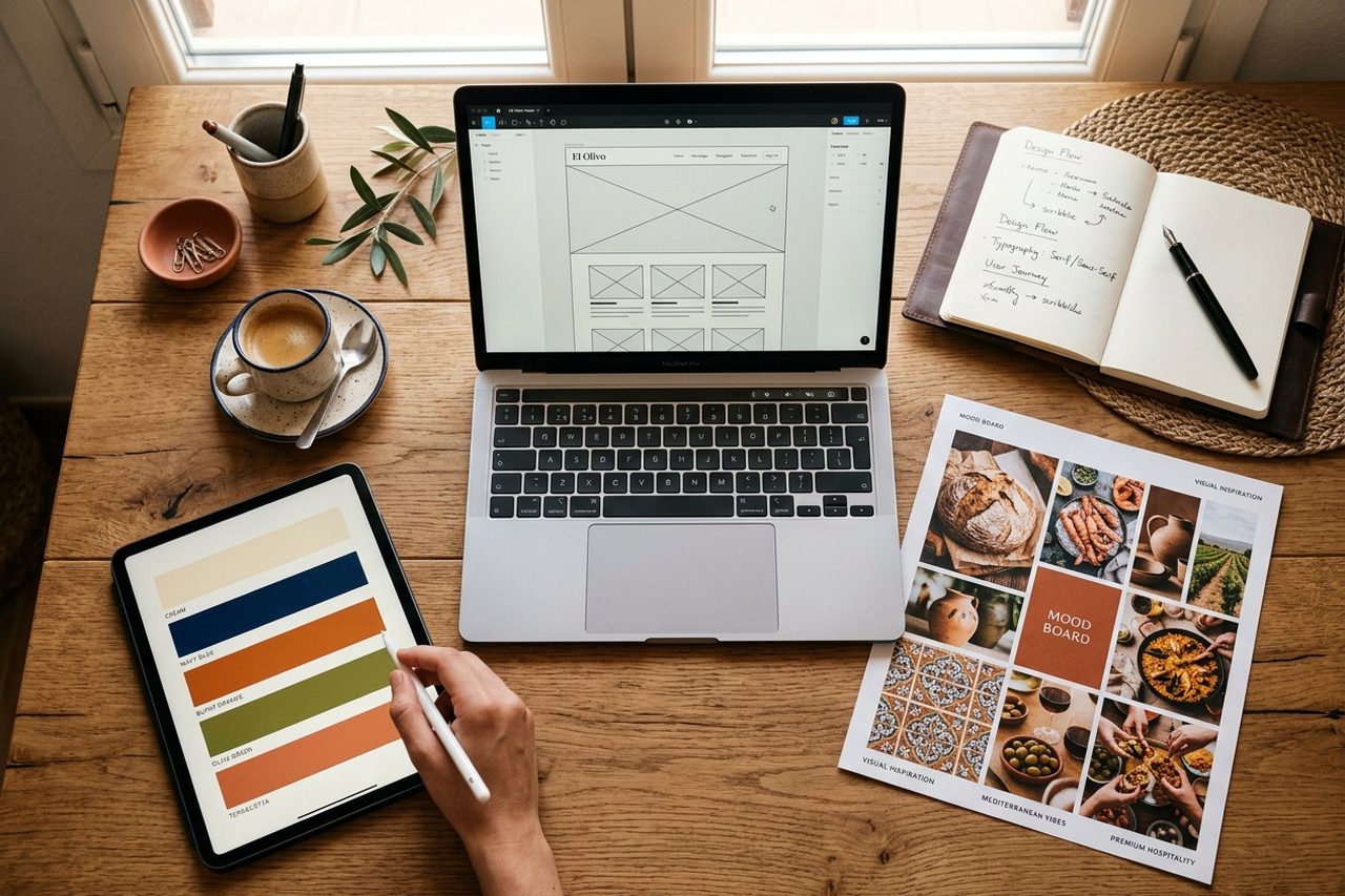 Escritorio de diseño web para restaurante con laptop mostrando wireframe y mood board