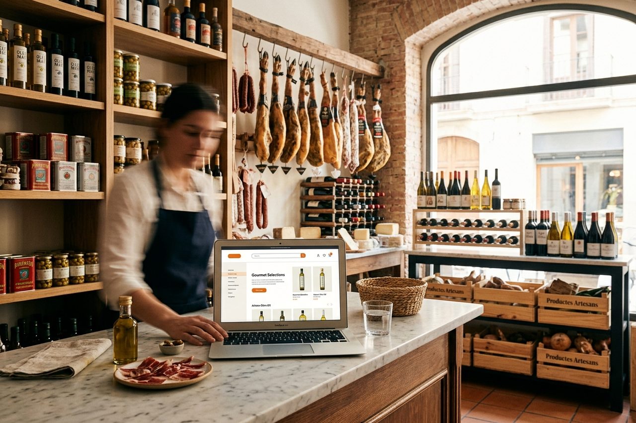 Tienda gourmet con laptop mostrando e-commerce de productos artesanos
