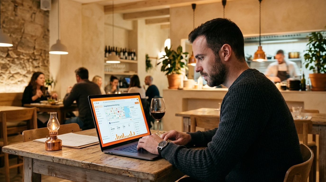 Propietario de restaurante consultando posicionamiento en Google Maps
