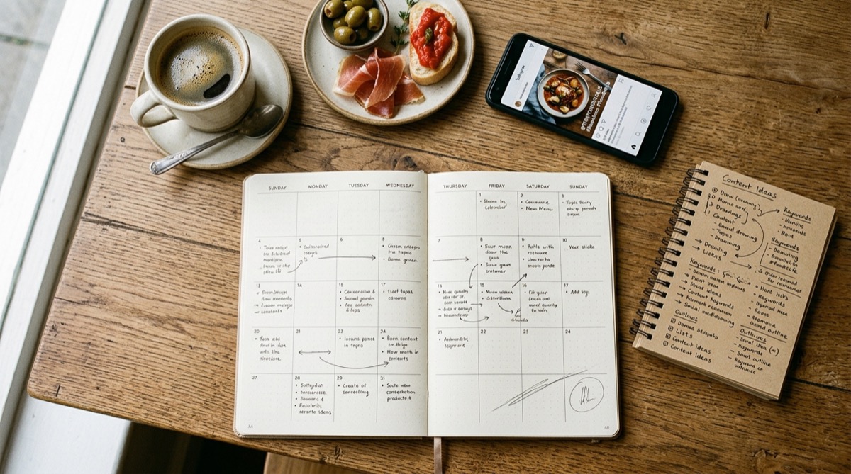Calendario editorial mensual de un restaurante con publicaciones de blog y redes planificadas sobre una mesa de madera