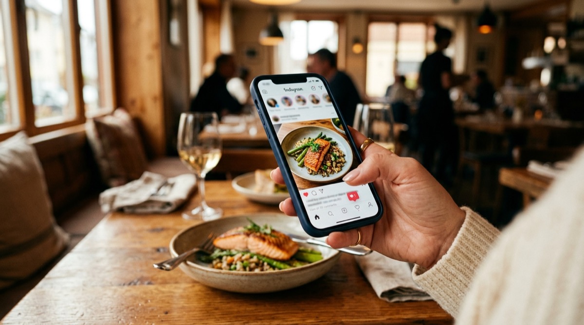 Movil mostrando el contenido gastronomico de un restaurante en redes sociales con un plato apetitoso