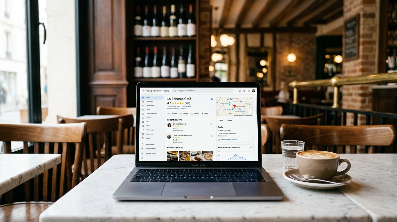 Dashboard Google Business Profile en MacBook sobre mesa de bistro